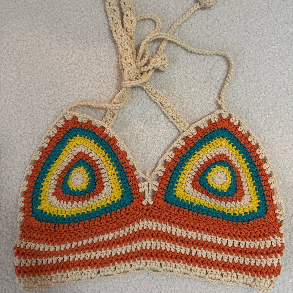 Handmade Crochet Triangle Bralette with Rainbow Detail